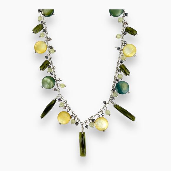 Lia Sophia Sea Grass Necklace Mother Of Pearl Discs Dangling Green White Beads - Picture 2 of 8